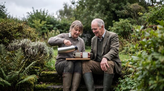 Mature couple sitting on stone step in quiet garden pouring tea from thermos soft overcast light