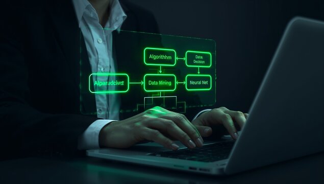 ai algorithm decision and data processing concept showing software developer using laptop with neural network pathways, code panels, and output validation workflow