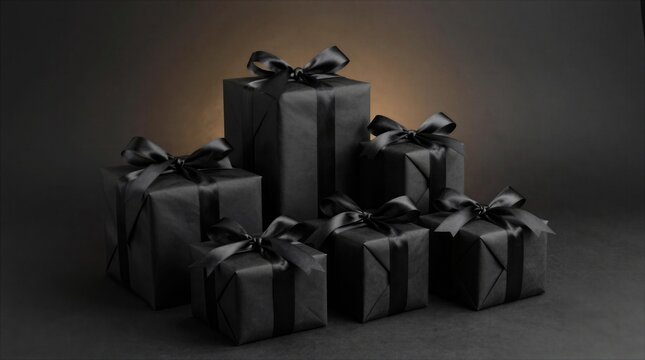 Presents arranged in a creative way with black paper and bows on display