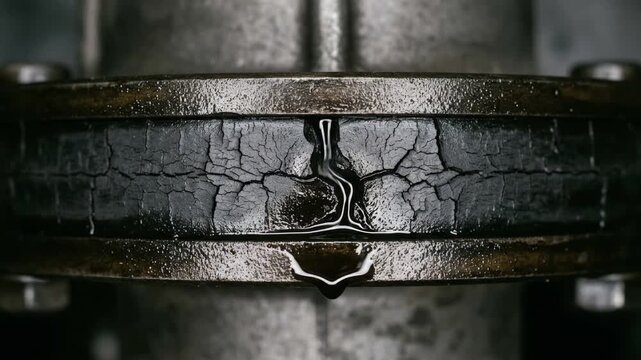 thick oil actively seeping from a cracked black neoprene rubber gasket compressed between two metal flanges