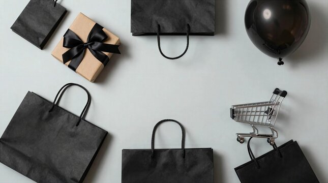 Shopping bags and gift with balloon on light surface
