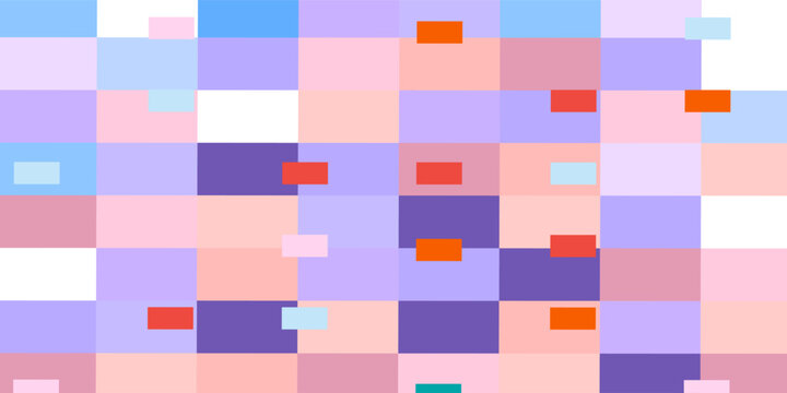 Abstract varicolored pastel illustration with parallel thin stripes and bright rounded rectangles on a pink background, like many lanes of traffic seen from high up