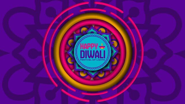 Vibrant 4K looping video with 'Happy Diwali' text inside a circular mandala frame on a purple background. Ideal for stage backdrops, festival promos, greetings, and intros.