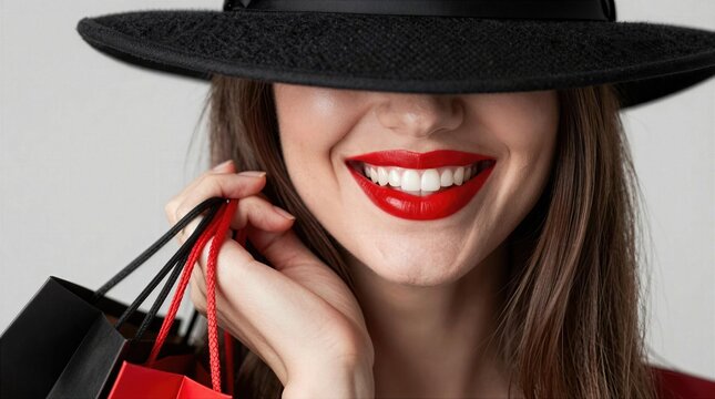 Woman smiling while holding shopping bags in a fashion context