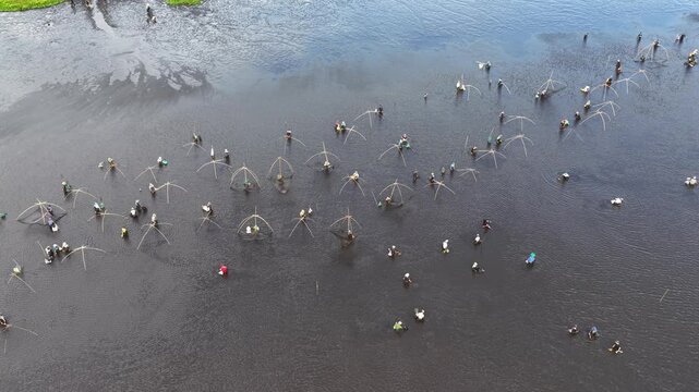 Aerial drone video footage showing hundreds of local villagers wading through the lake to catch freshwater fish, offering dynamic visual content for cultural television broadcasts.
