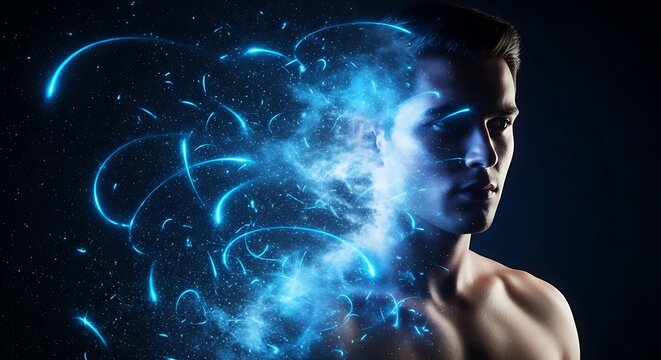 Portrait of a man with half his face dissolving into a cloud of glowing blue particles and swirling light trails on dark background