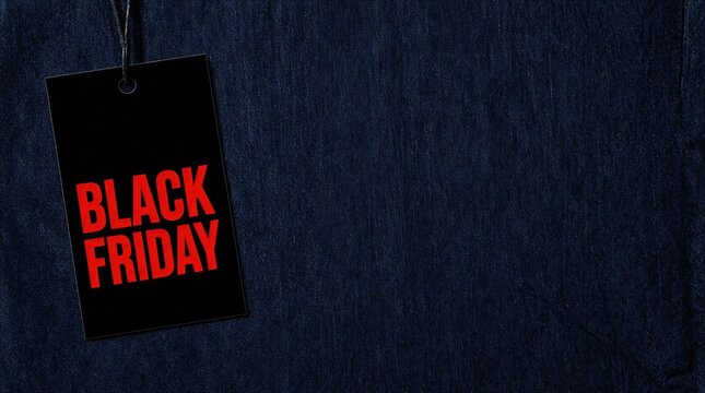 Black Friday sale tag on a dark fabric background before shopping event