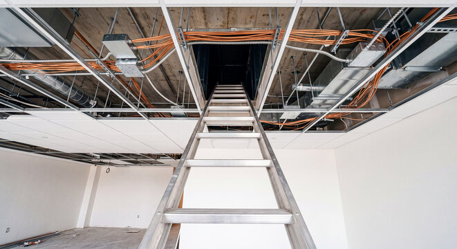 An aluminum stepladder leads toward an open ceiling grid exposing ventilation ducts and electrical wiring in a commercial renovation site, representing building maintenance and repair