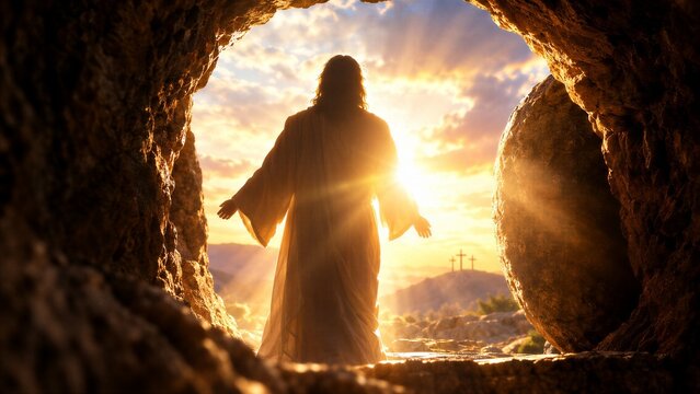 Silhouette of Jesus Christ at Tomb Entrance with Bright Light, Symbolizing Easter Resurrection and Christian Hope.