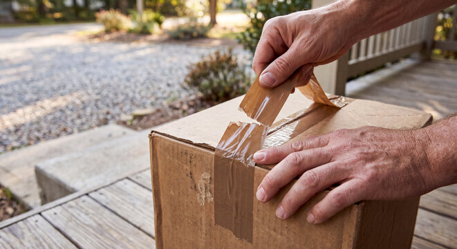 Hands opening a cardboard shipping parcel with adhesive tape on a wooden porch, conveying the anticipation of a home delivery during an online shopping experience for a residential user