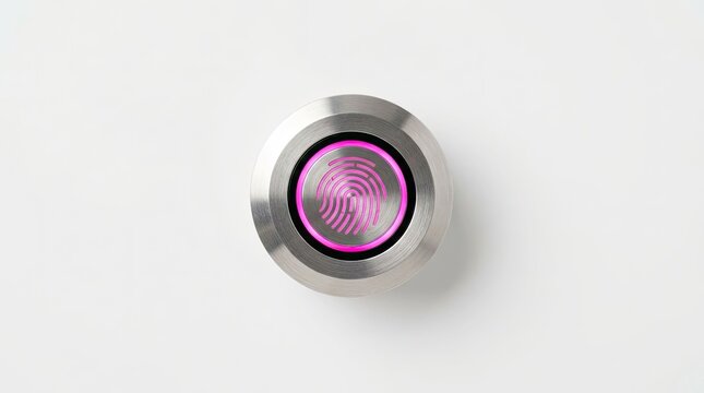 Metallic fingerprint scanner button with pink glowing light.