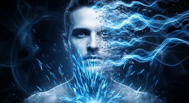 Portrait of a man with half of his face dissolving into blue light particles and smoke swirls against a deep dark black background atmosphere