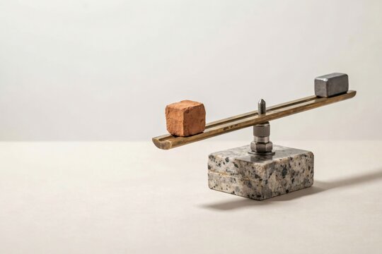 Brass beam pivoting on a steel post with a clay brick counterweight on granite