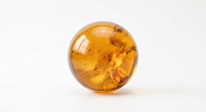Polished amber resin sphere on white background