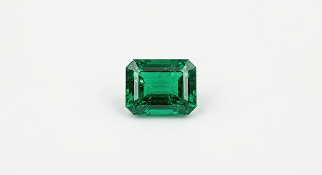 Rectangular emerald cut green gemstone on white background.