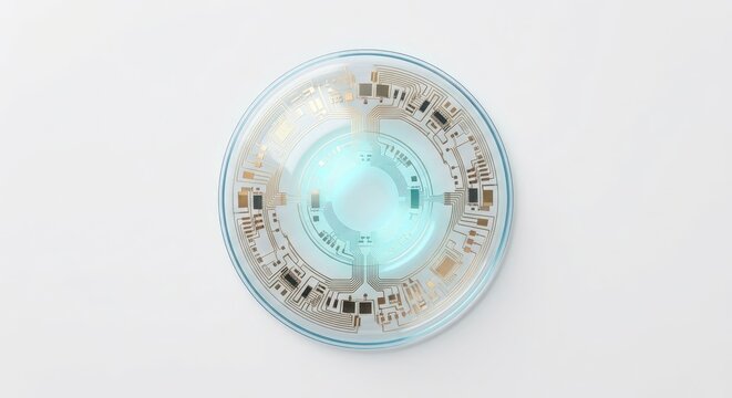 Round translucent electronic circuit board with copper traces.