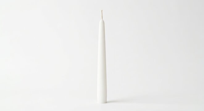 Single white taper candle standing on white background