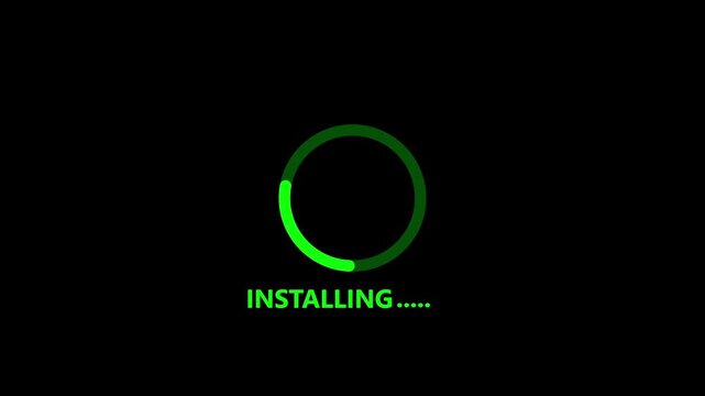 White circular progress bar and the word INSTALING with loading dots circle on black background.