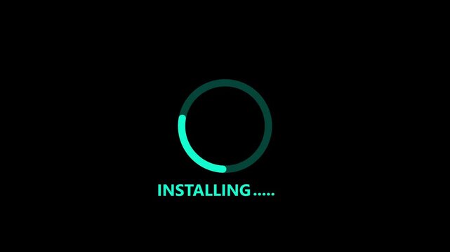 White circular progress bar and the word INSTALING with loading dots circle on black background.