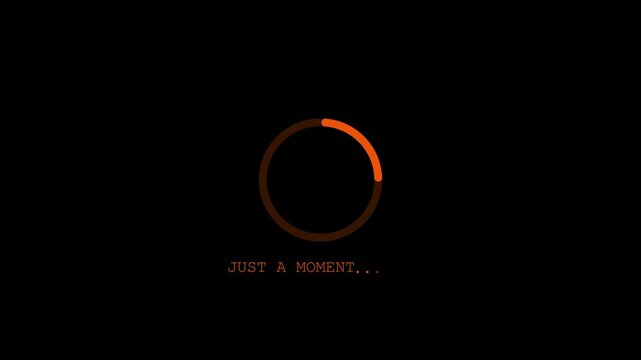 Loading screen animation with gray circle and just a moment text on black background.