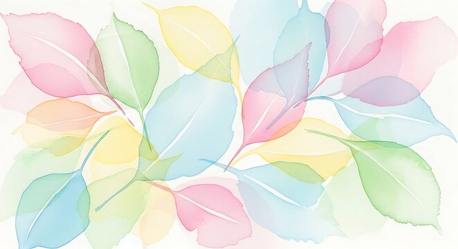 Soft watercolor background, featuring a cluster, of translucent colorful, leaves in pastel, shades on a, clean white background surface