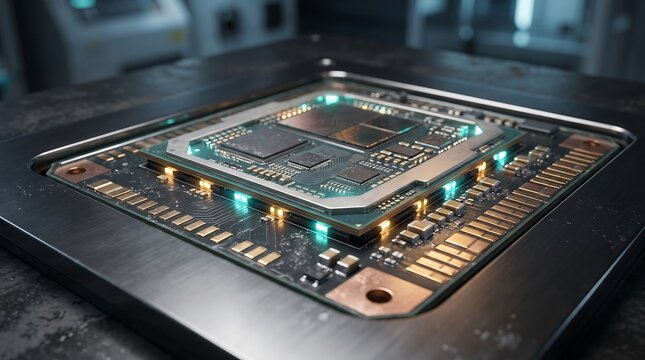 Close up of advanced computer processor chip with glowing neon lights.