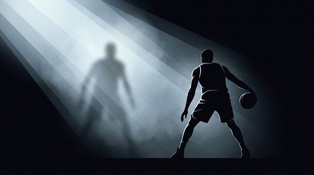Illustration of basketball player dribbling in a dramatic light beam