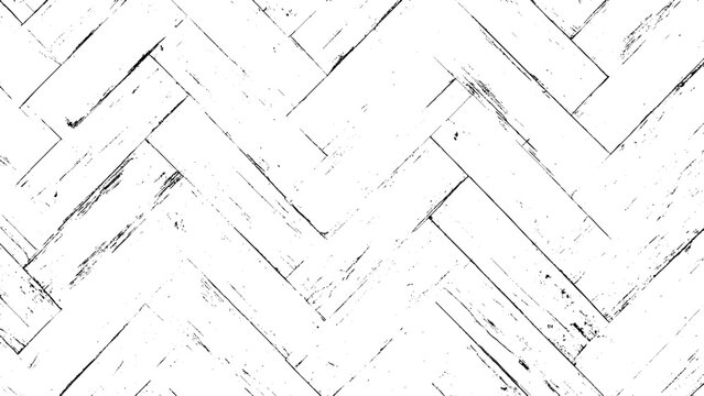 Distressed herringbone wood plank pattern in black and white