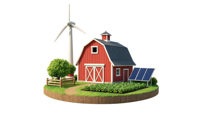 Isolated small red farm house with wind turbine and solar panels on a circular green patch transparent background