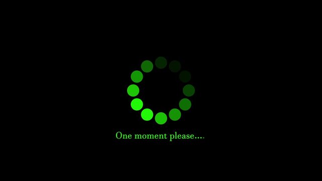 Animated loading spinner with text One moment please. Spinning waiting icon on black background.