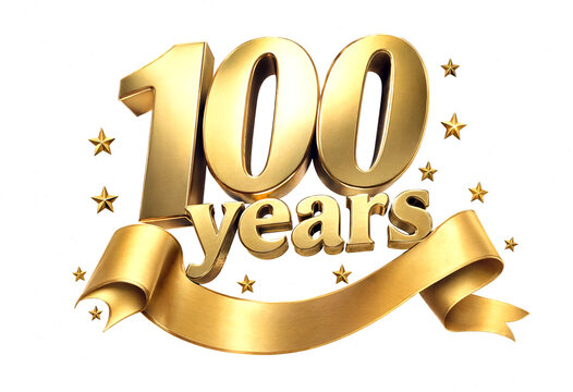 Golden one hundred years anniversary celebration with ribbon and stars design isolated illustration