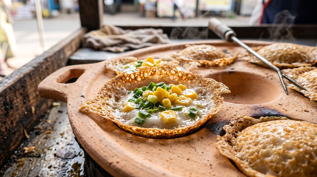 Hyper Realistic 9K Close Up Thai Khanom Krok Crispy Coconut Rice Pancakes with Sweet Corn Food Photography