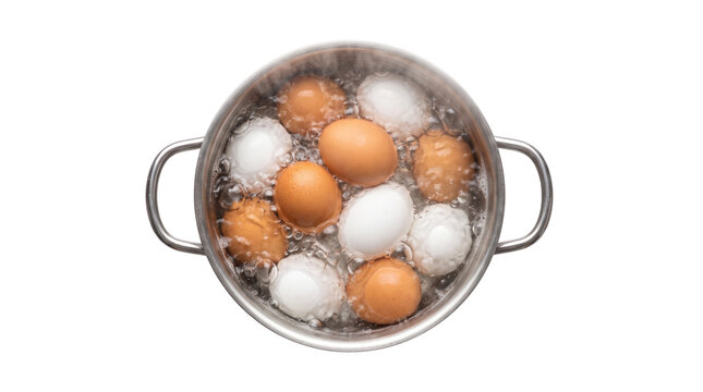 Boiling eggs in metal pot with bubbling water. Fresh brown and white eggs cooking in stainless steel saucepan. Top view of healthy protein breakfast preparation. isolated PNG with Transparent