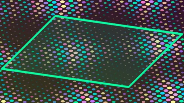 Green neon frame glowing over a colorful halftone dot pattern background