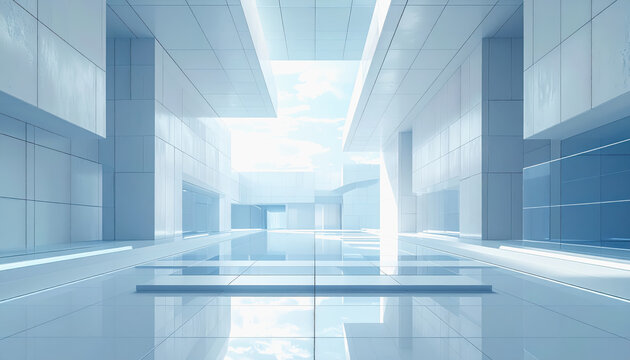 Futuristic white and blue architectural corridor with reflective floors and open sky