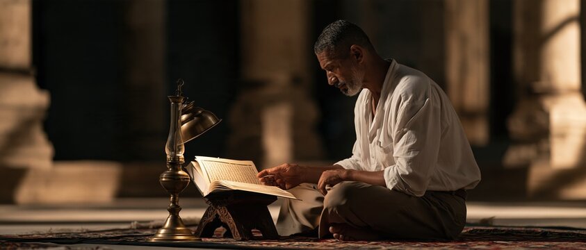 Devotion captured in warm golden light a Muslim man sits crosslegged on a ornate rug, studying sacred scripture on a wooden stand beside a vintage brass oil lamp in a historic mosque.