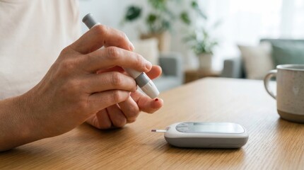Fototapeta premium Closeup of a person checking their blood glucose levels using a lancet device and a digital monitor on a wooden table in a home setting