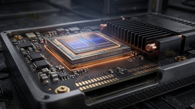 Close up of high performance computer processor chip on motherboard.