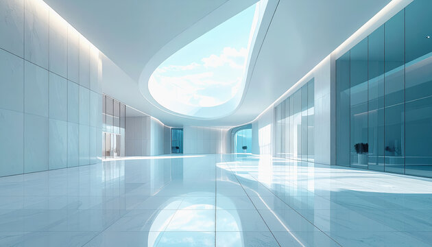 Futuristic architectural interior with a large skylight and clean, modern design