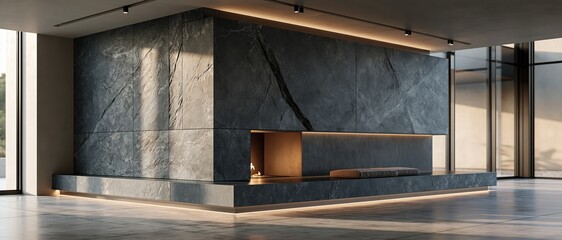 Obraz premium A panoramic view of a modern minimalist interior featuring a massive fireplace structure clad in dark slate stone tiles, equipped with a linear fire pit and warm ambient LED lighting.