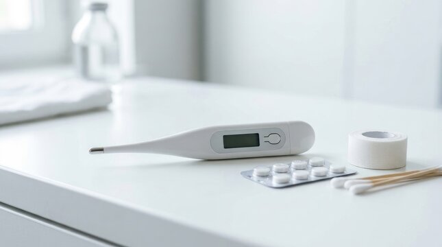 Digital thermometer isolated on white background with a blister pack of pills, medical tape, and cotton swabs