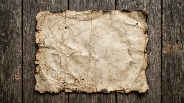 Ancient aged parchment with burnt edges isolated on dark wooden tabletop texture.