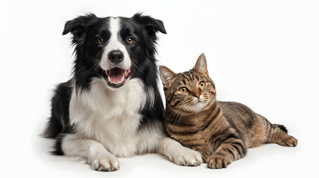 Border collie dog and a tortoiseshell cat lying down together