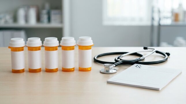 Five orange prescription pill bottles, a stethoscope, and a blank prescription pad on a wooden table