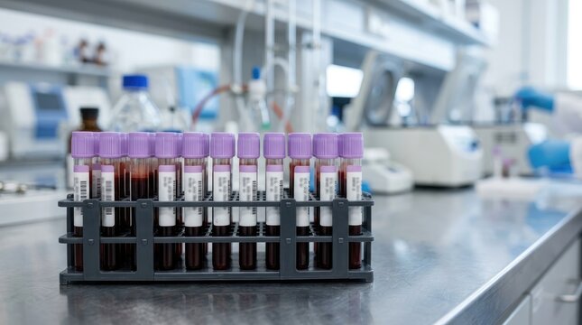 A rack of blood collection tubes with purple caps containing patient samples, sitting on a stainless steel laboratory workbench, ready for hematology analysis and diagnostic testing