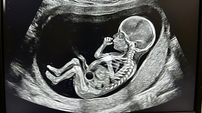 Ultra realistic prenatal ultrasound photograph showing a healthy human fetus inside the uterus at approximately 18 to 22 weeks of pregnancy detailed fetal anatomy appropriate for gestational age visib
