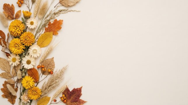 Autumn harvest decoration with fall leaves and flowers on a light background.