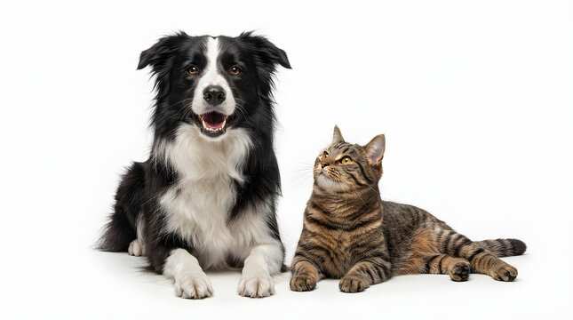 Cute border collie dog and tabby cat resting on white background
