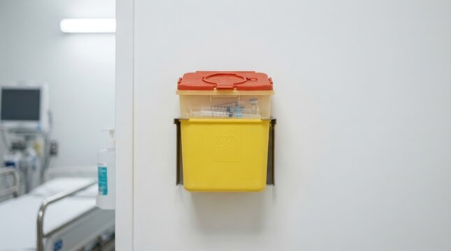 Biohazard waste container mounted on a white wall in a hospital room, used for safely disposing of used syringes and medical needles
