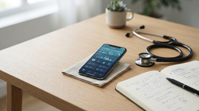 Smartphone displaying health and fitness tracking app on a wooden desk with a stethoscope, notepad, and coffee cup in a medical office